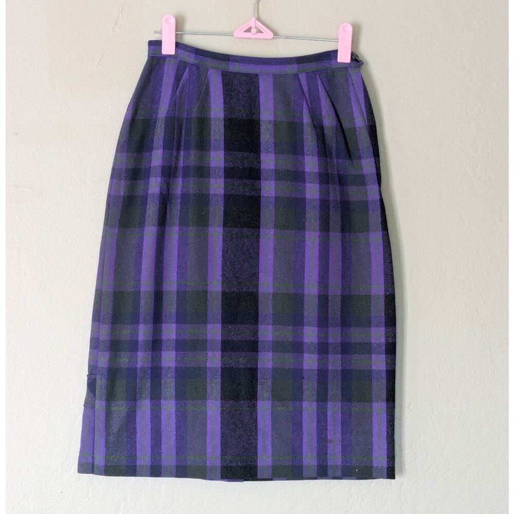 Vintage Purple Green Plaid Pencil Skirt Kick Pleat Metal Zip Sz S